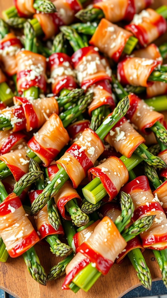 A savory appetizer of crispy bacon-wrapped asparagus on a wooden platter, garnished with Parmesan cheese.